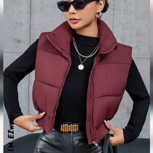 SHEIN EZwear Funnel Neck Cropped Puffer Vest Burgundy Maroon Small NWT